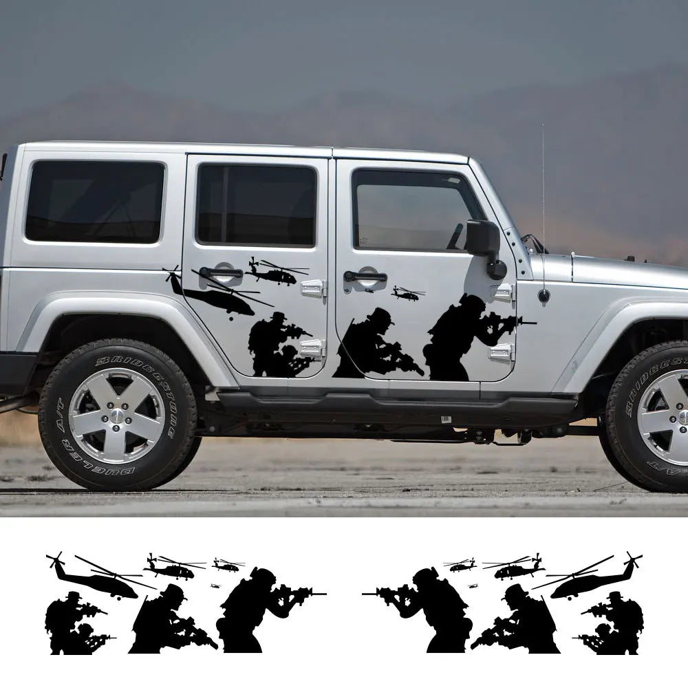 Car Body Side Stickers For Jeep Wrangler Unlimited Rubicon JK TJ JL YJ Helicopter Soldiers Graphics Decals Auto DIY Accessories