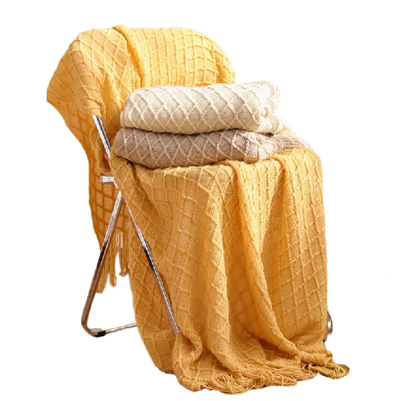 Textile City Faux Cashmere Sofa Blanket Cover Nordic Style Knit Plaid Throw with Tassels Bedspread Golden Blanket for Spring Summer