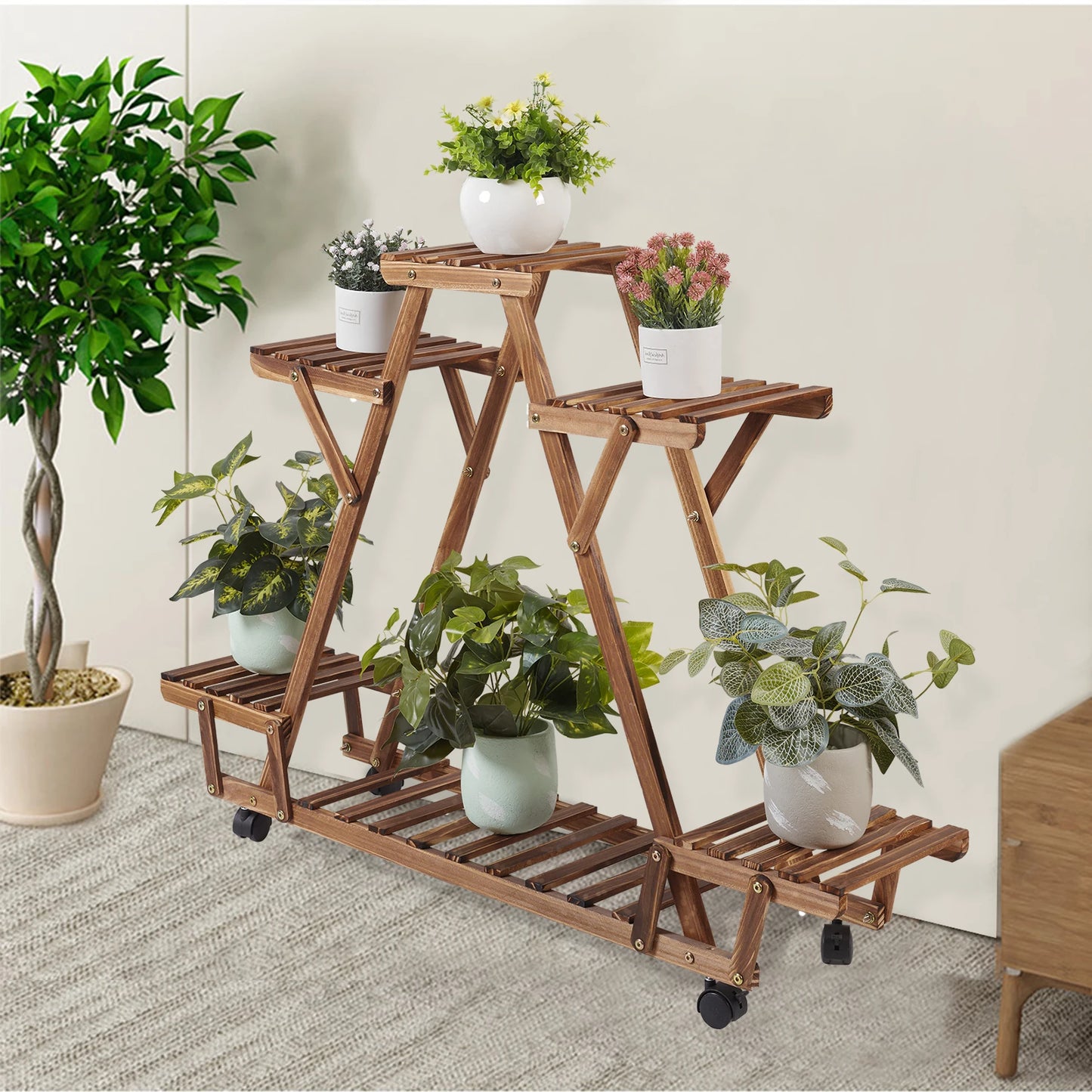 Bingopaw Triangular Plant Shelf 6 Pot Carbonized Wood Stand
