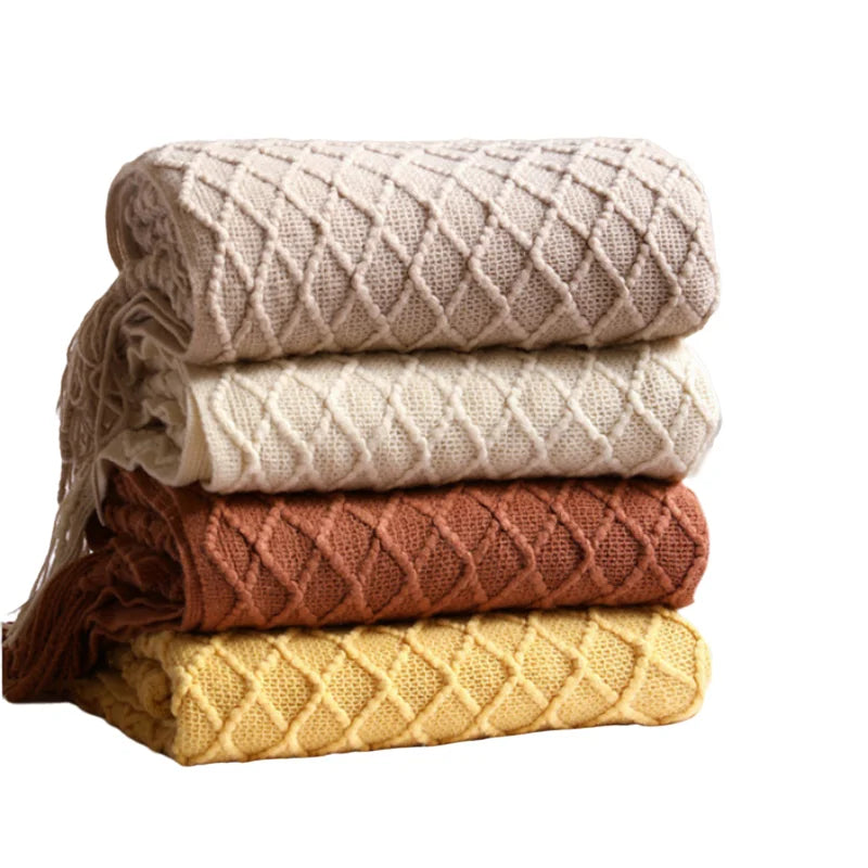 Textile City Faux Cashmere Sofa Blanket Cover Nordic Style Knit Plaid Throw with Tassels Bedspread Golden Blanket for Spring Summer