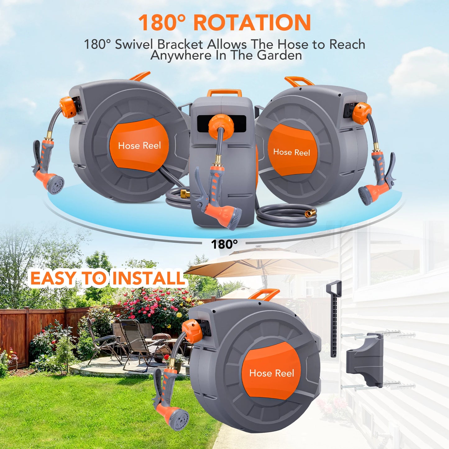 Retractable Garden Hose Reel With Automatic Rewind System