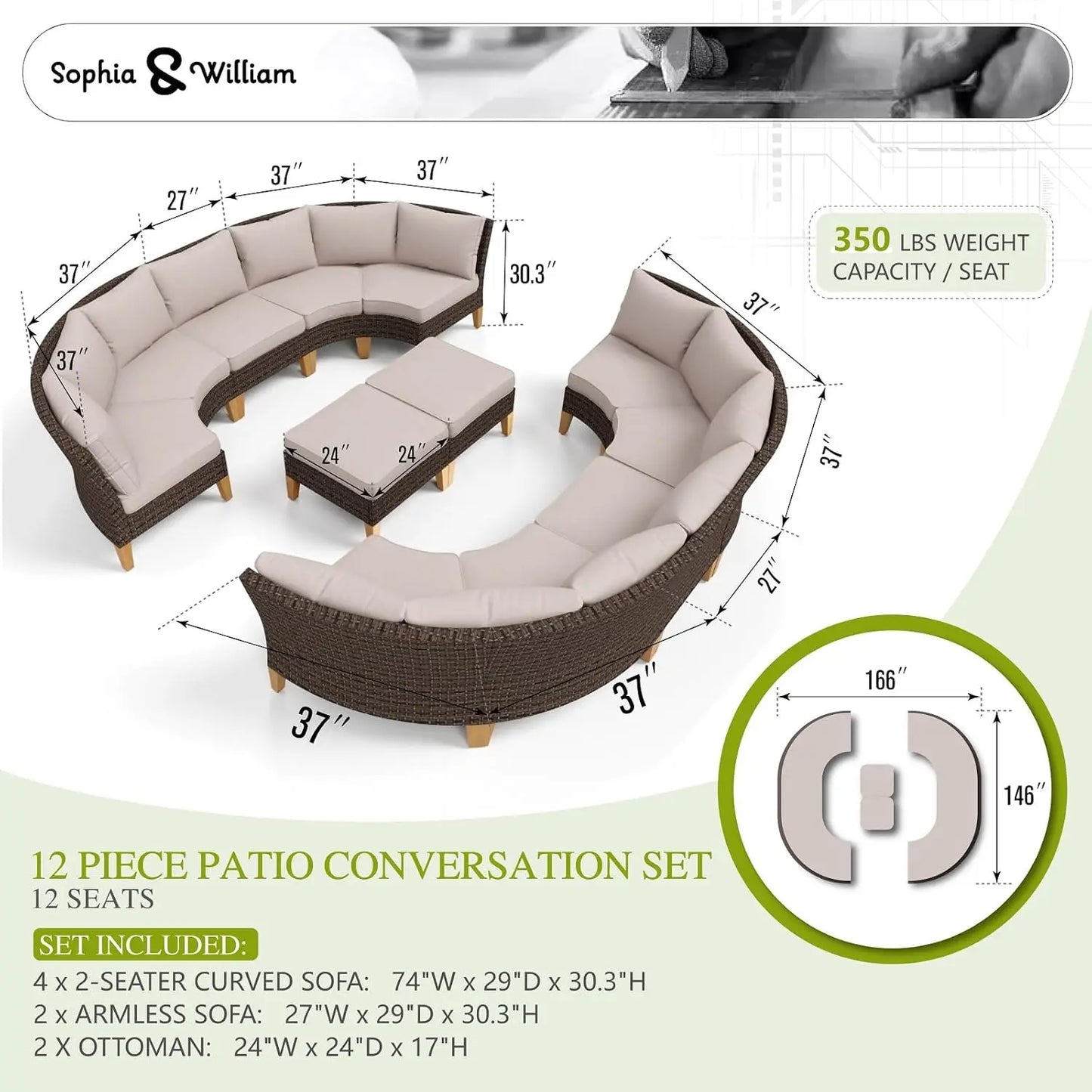 12 Piece Curved Outdoor Sectional Sofa Set Rattan Patio Conversation Set Beige