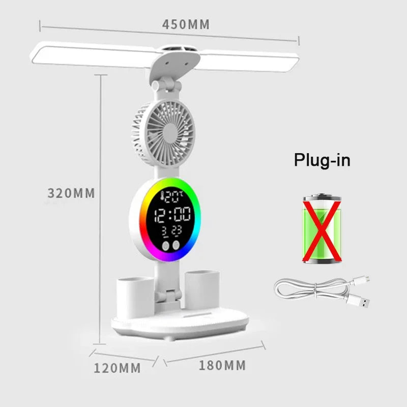 Rechargeable LED Table Lamp with Clock and Fan Features