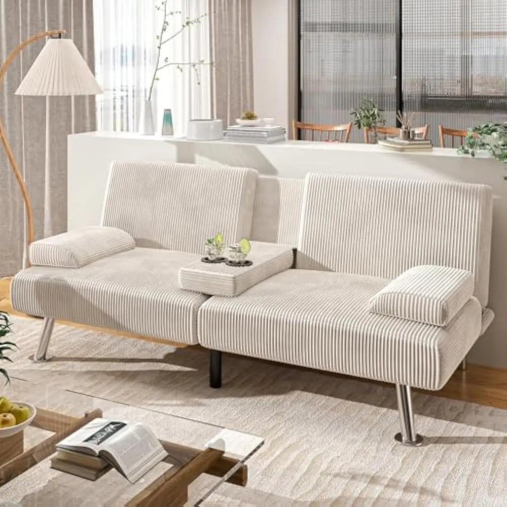 Convertible Sofa Bed with Removable Armrests and Cup Holders