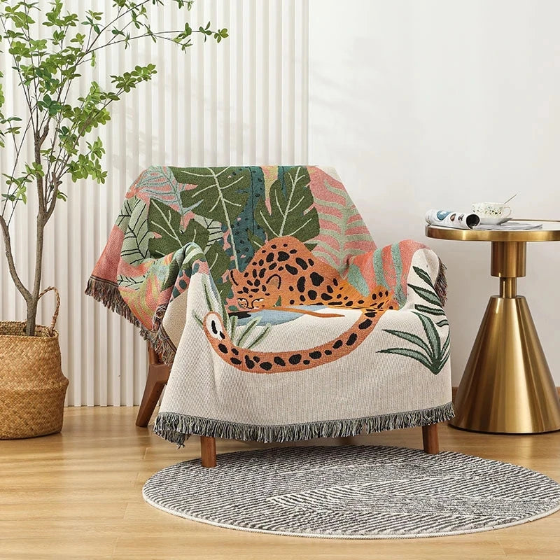 Women Leopard Throw Blanket Multifunctional Beach Sofa Cover Tassel Dust Cover Air Conditioning Blanket for Bed