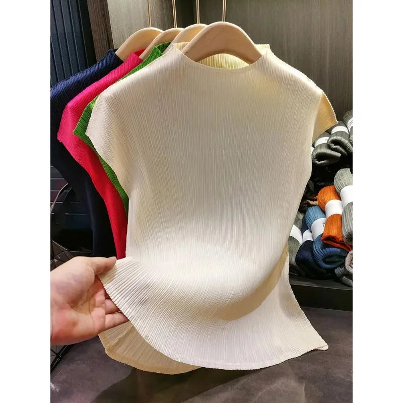 YUDXCN Women Pleated Top with Stand Up Collar