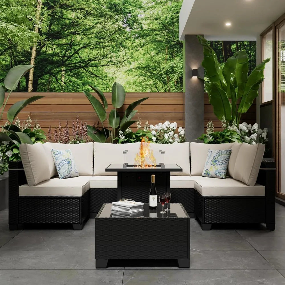 8 Pieces Outdoor Sectional Furniture Rattan Wicker Patio Sofa Couch with 28 Inch Gas Fire Pit Table Conversation Set for Backyard