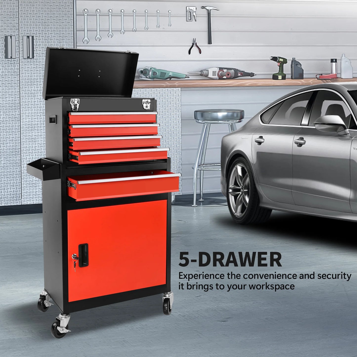 5-Drawer Rolling Tool Storage Cabinet With Locking Mechanism