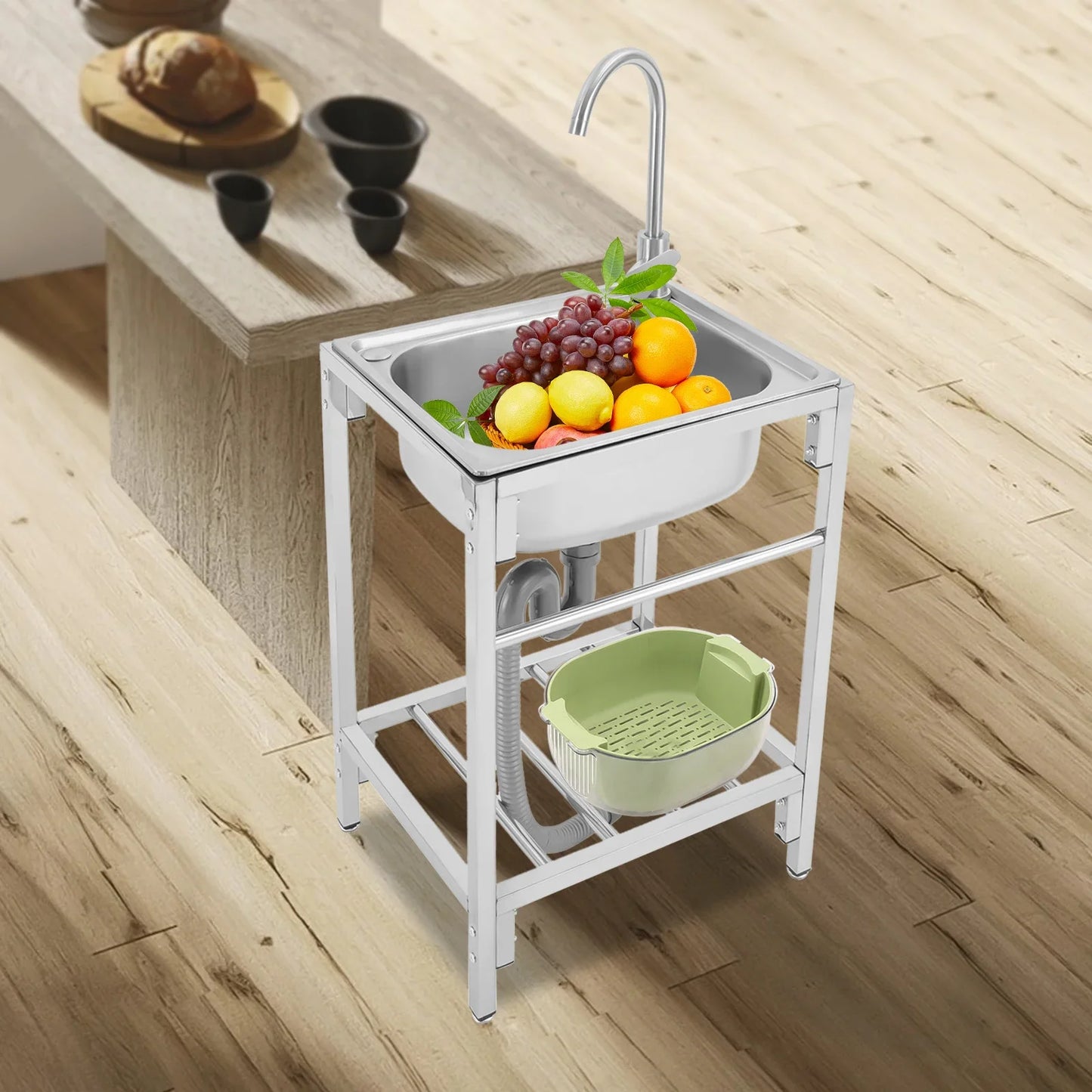 Freestanding Stainless Steel Single Bowl Kitchen Sink with Faucet