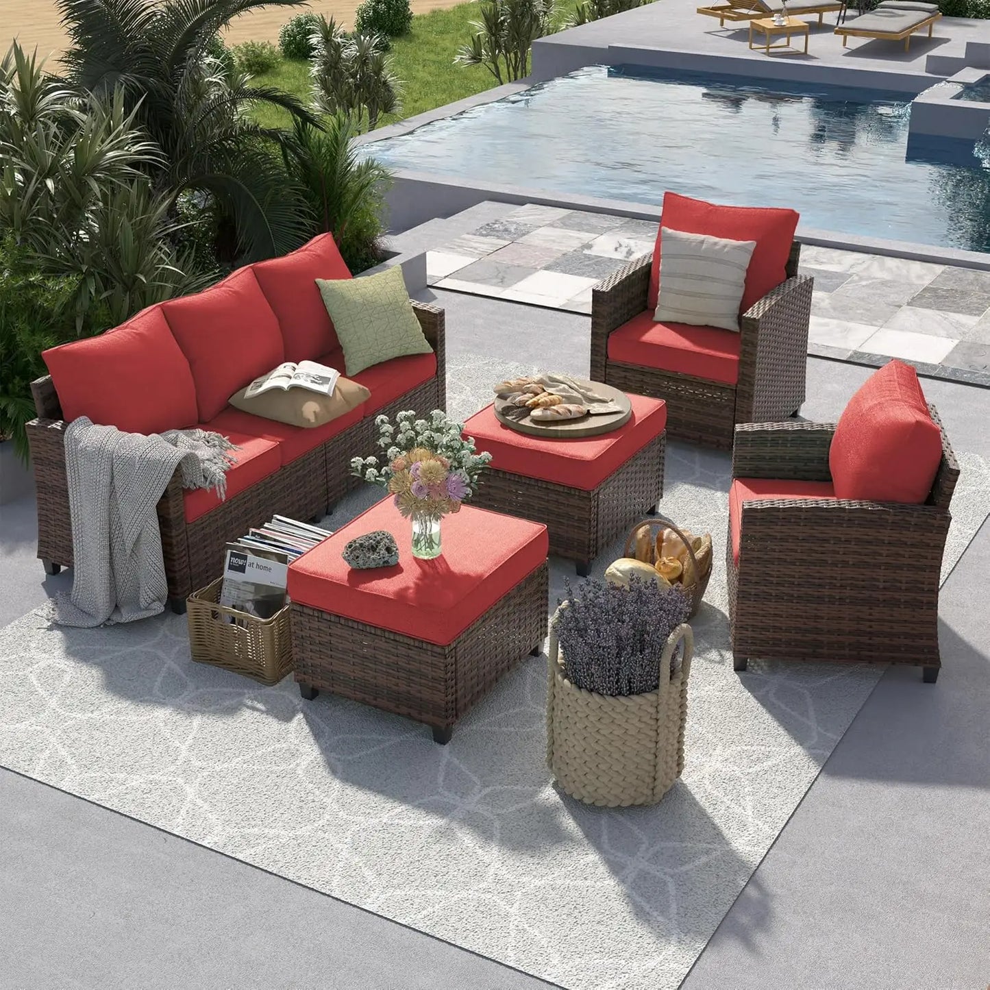 Outdoor Patio Furniture Set with 44 Inch Fire Pit Table for Garden Backyard Deck 6 Pieces Sectional Conversation Set