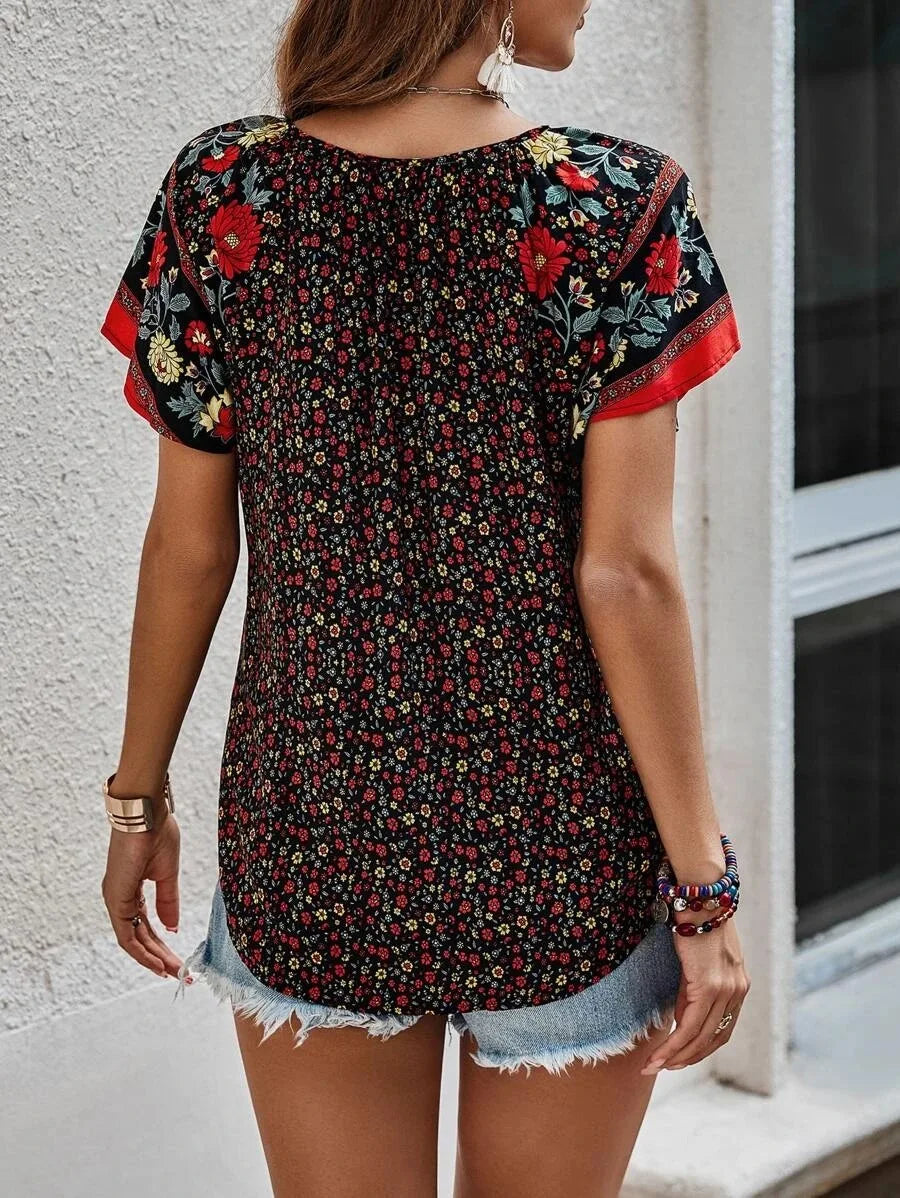 HEYTOAICN Summer Floral Blouses Women V Neck Short Sleeve