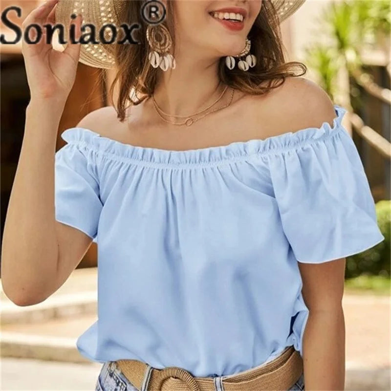 Soniaox Off Shoulder Pleated Shirt With Short Sleeves Summer