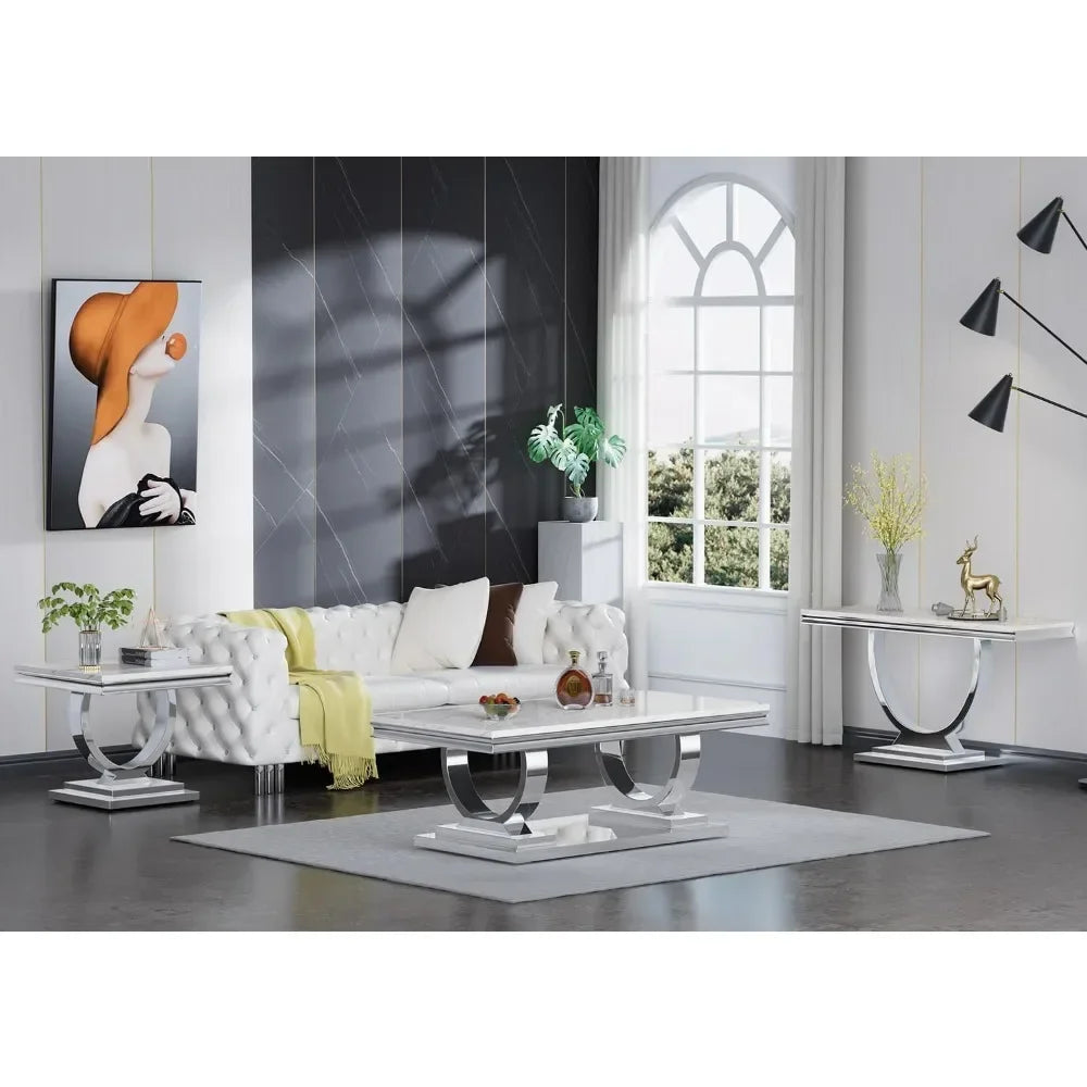 47 Inch Rectangular Coffee Table Modern White Faux Marble Cocktail Table with Silver Mirrored Finish U Shape Stainless Steel Base