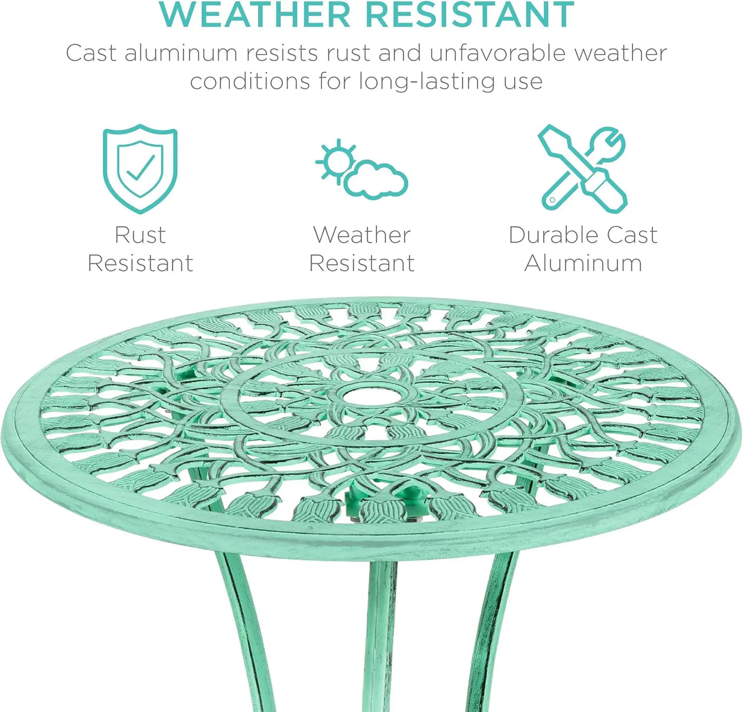 3 Piece Outdoor Rust Resistant Cast Aluminum Patio Bistro Set with Tulip Design Teal
