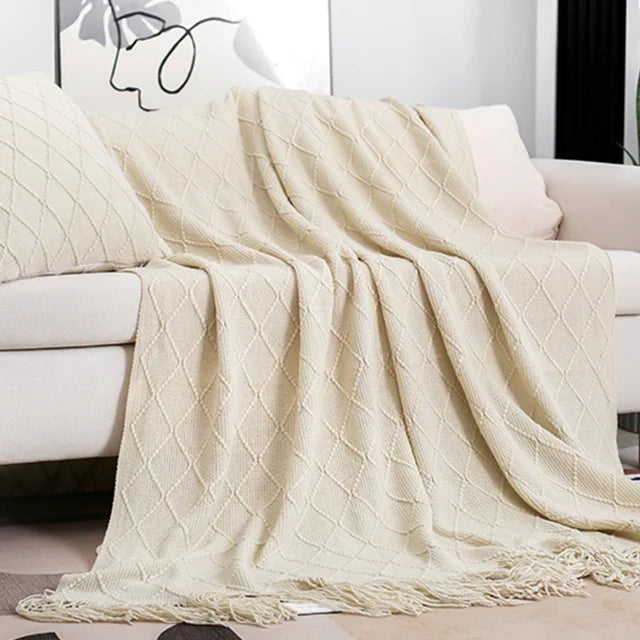 Nordic Knitted TV Blanket with Tassels Soft Fleece Throw Shawl for Sofa and Bed End Decor