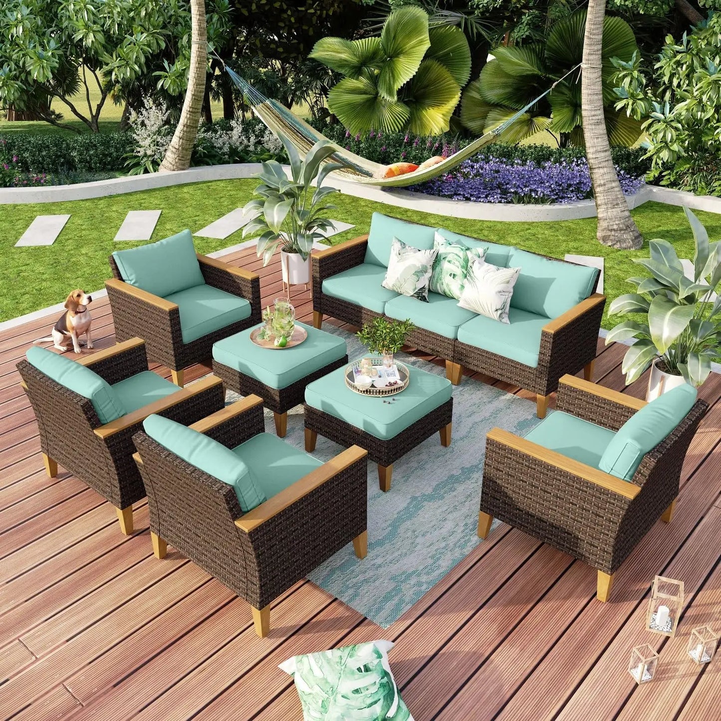 9 Piece Wicker Patio Furniture Set with 56 Inch Fire Pit Table All Weather PE Rattan Patio Sectional Sofa Conversation Set