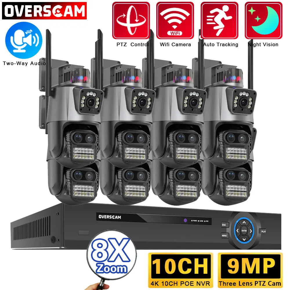9MP Three Lens 8X Zoom WiFi PTZ XMEYE 10CH POE NVR Surveillance System with Two Way Audio CCTV Security Camera Video Surveillance Kit