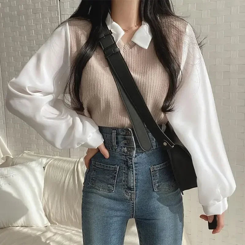 CN False Two Piece Polo Collar Women Blouse Spring Casual