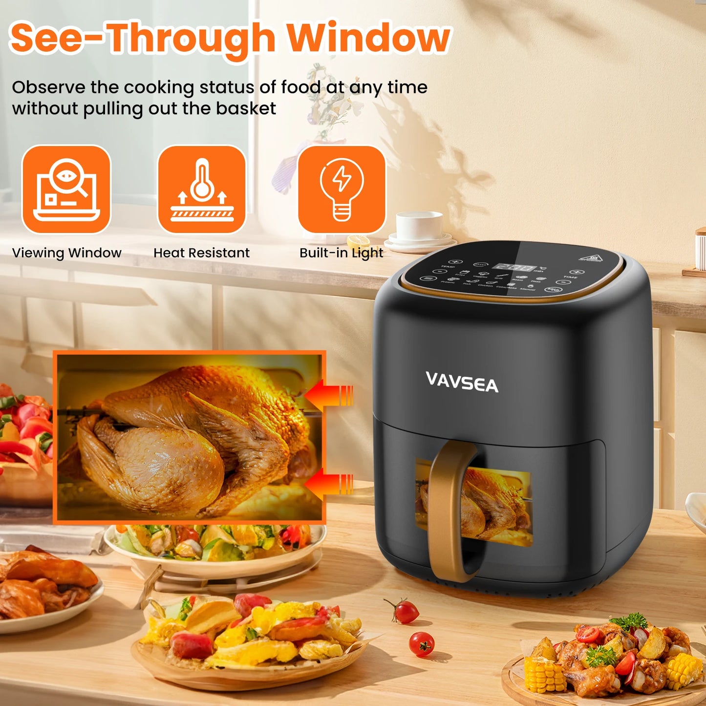 VAVSEA 10 in 1 Air Fryer with Clear Window 1600W Hot Airfryer Oven Digital LED Touch Screen Non Stick Basket 6.5QT