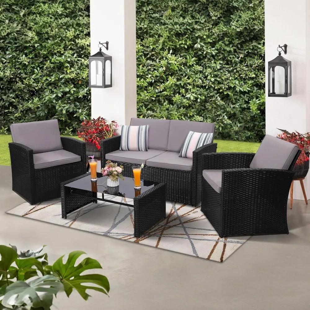 4 Piece Patio Conversation Set with Sofa Two Chairs and Coffee Table for Porch Deck Outdoor Wicker Sectional Furniture
