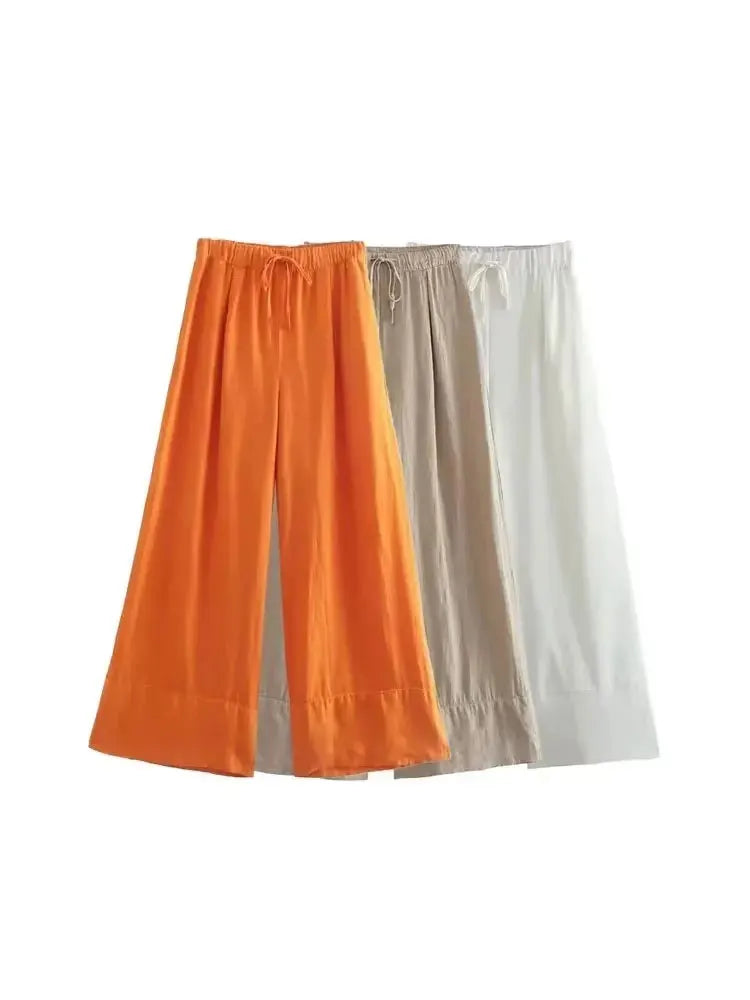 TRZA Women Vintage Wide Leg Linen Pants with Side Pockets
