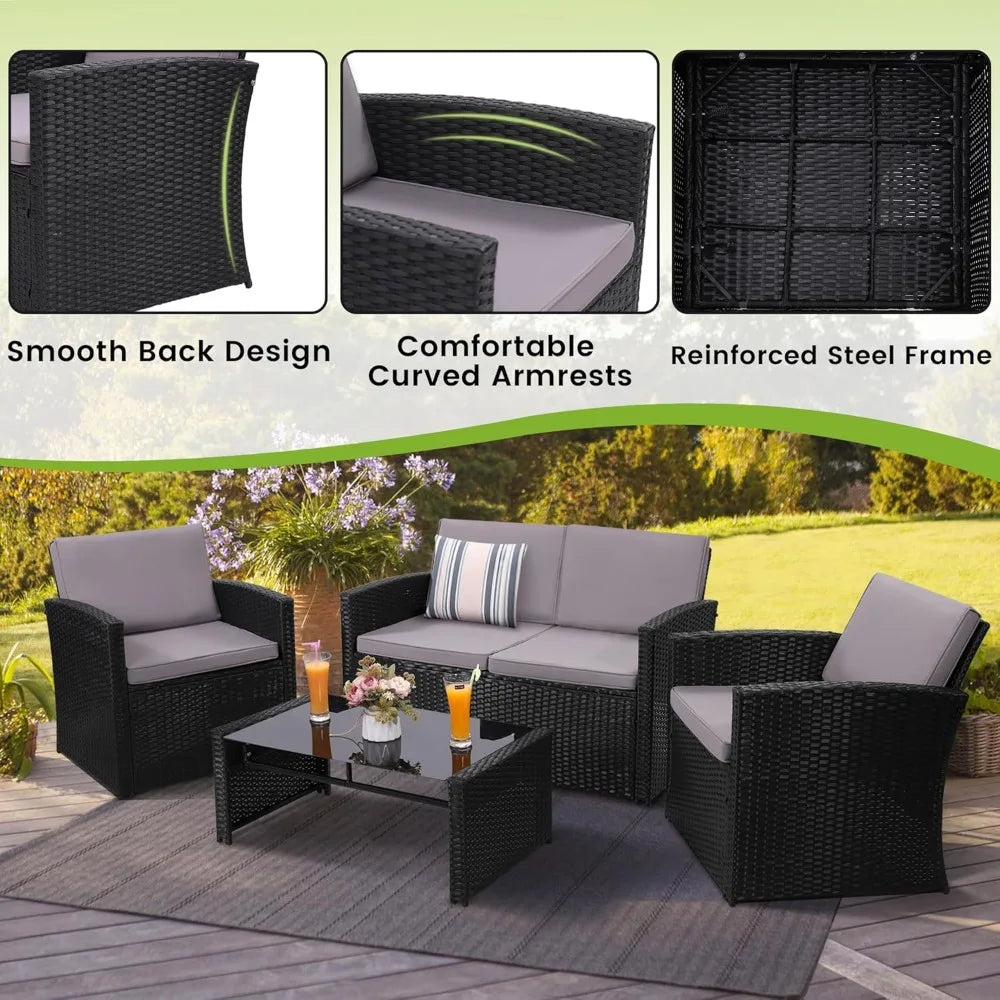 4 Piece Patio Conversation Set with Sofa Two Chairs and Coffee Table for Porch Deck Outdoor Wicker Sectional Furniture