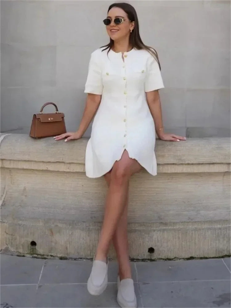 Tornova Knit Mini Dress Women Short Sleeve Patchwork Pocket