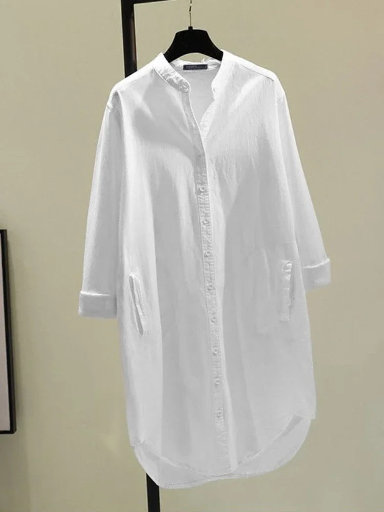 GPBDCN Cotton Linen Womens Shirt Single Breasted Round Neck
