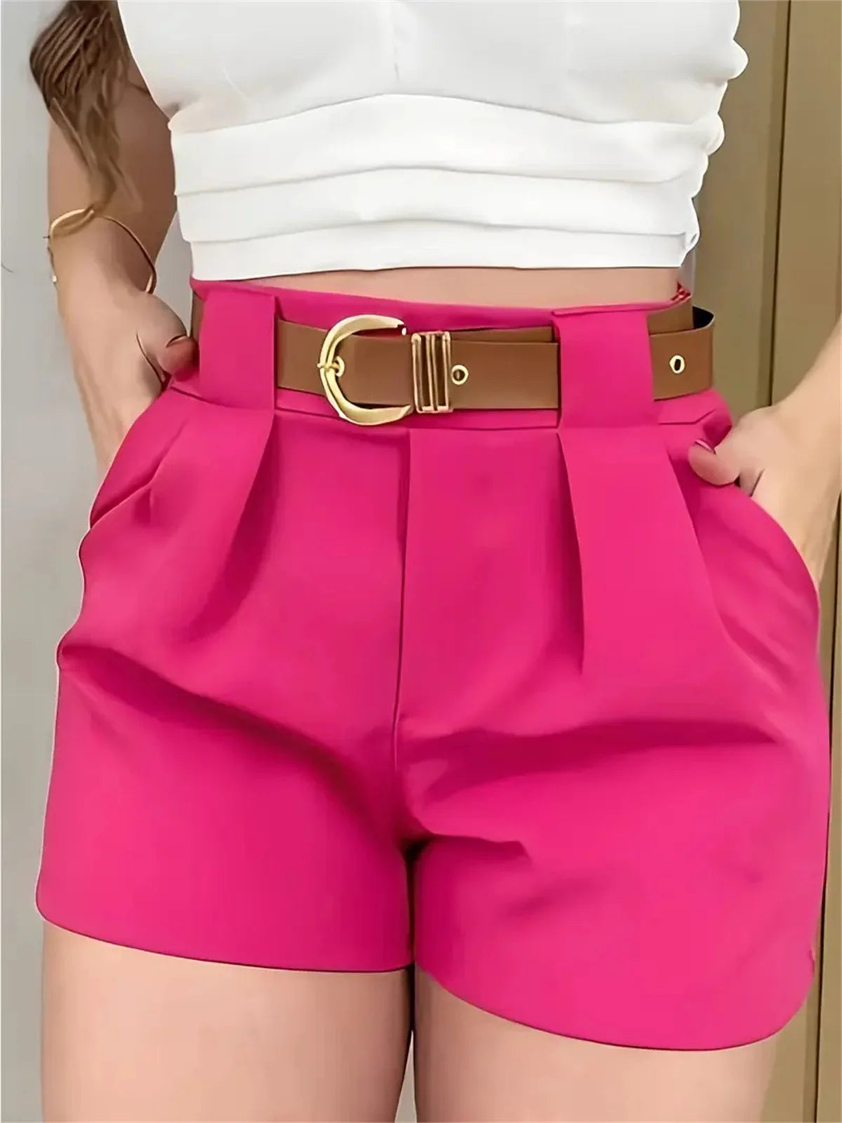DOHTIH Women High Waist Belted Shorts Elegant Casual Pants