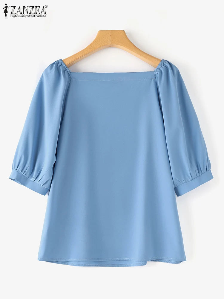 ZANZEA Korean Style Square Collar Lace-Up Blouse
