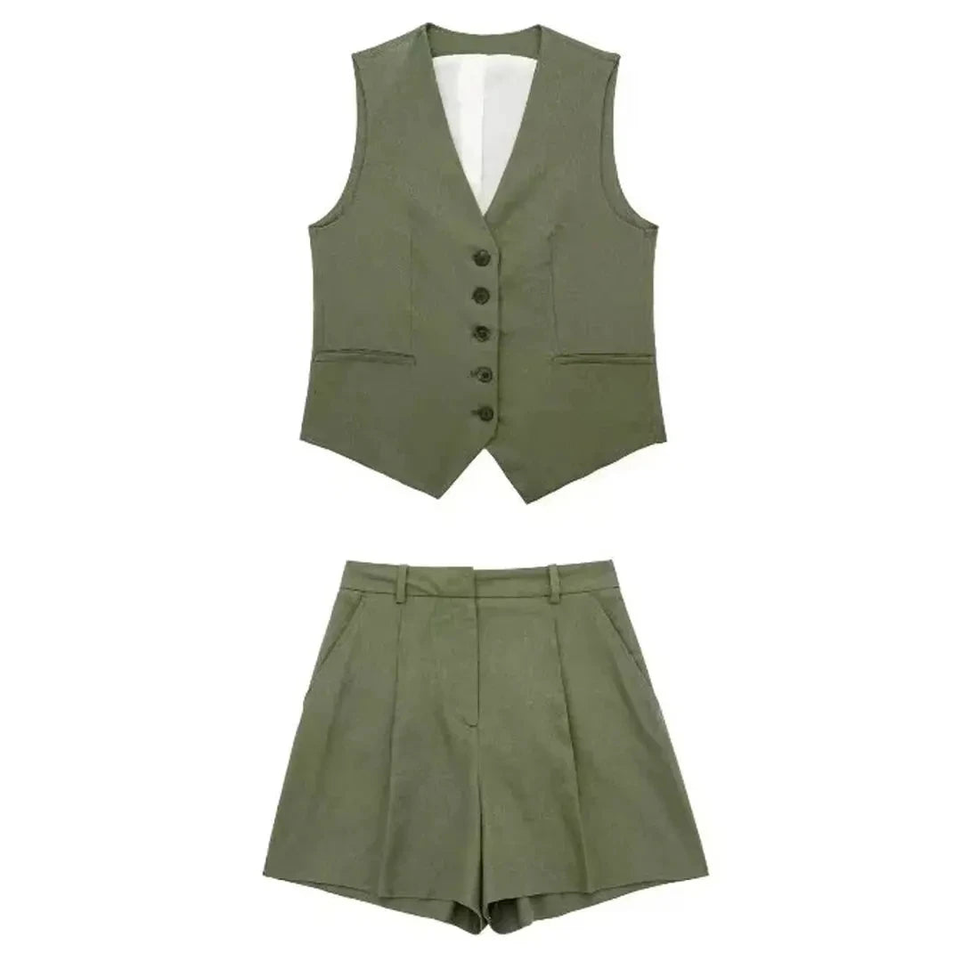 TRAFZA Women Casual Vintage Pant Suit Vest Shorts Set