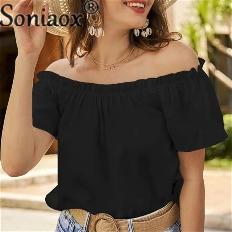 Soniaox Off Shoulder Pleated Shirt With Short Sleeves Summer