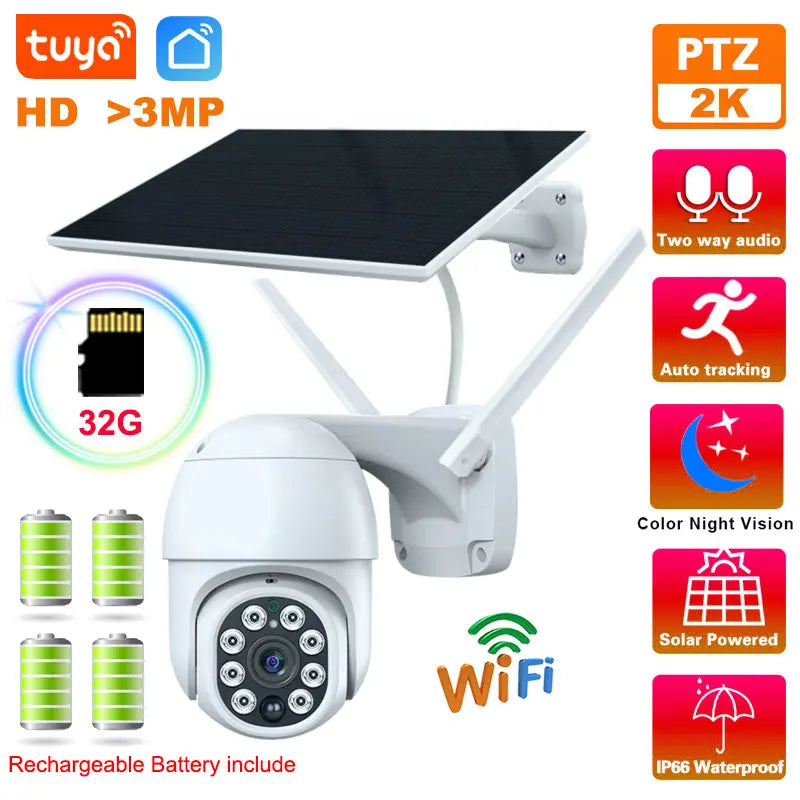 Tuya WiFi 3MP Solar Camera 10000mAh Battery Wireless PTZ Outdoor PIR Monitoring AI Human Tracking Night Vision CCTV