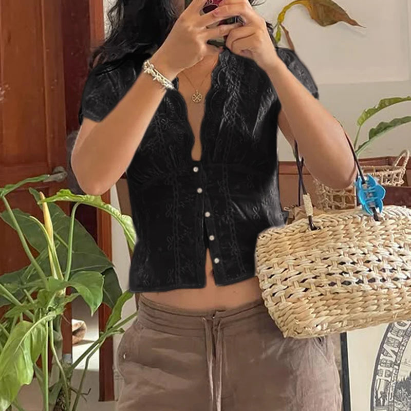 Darlingaga Y2K Bow Textured Waist Cinching Puff Sleeve Shirt