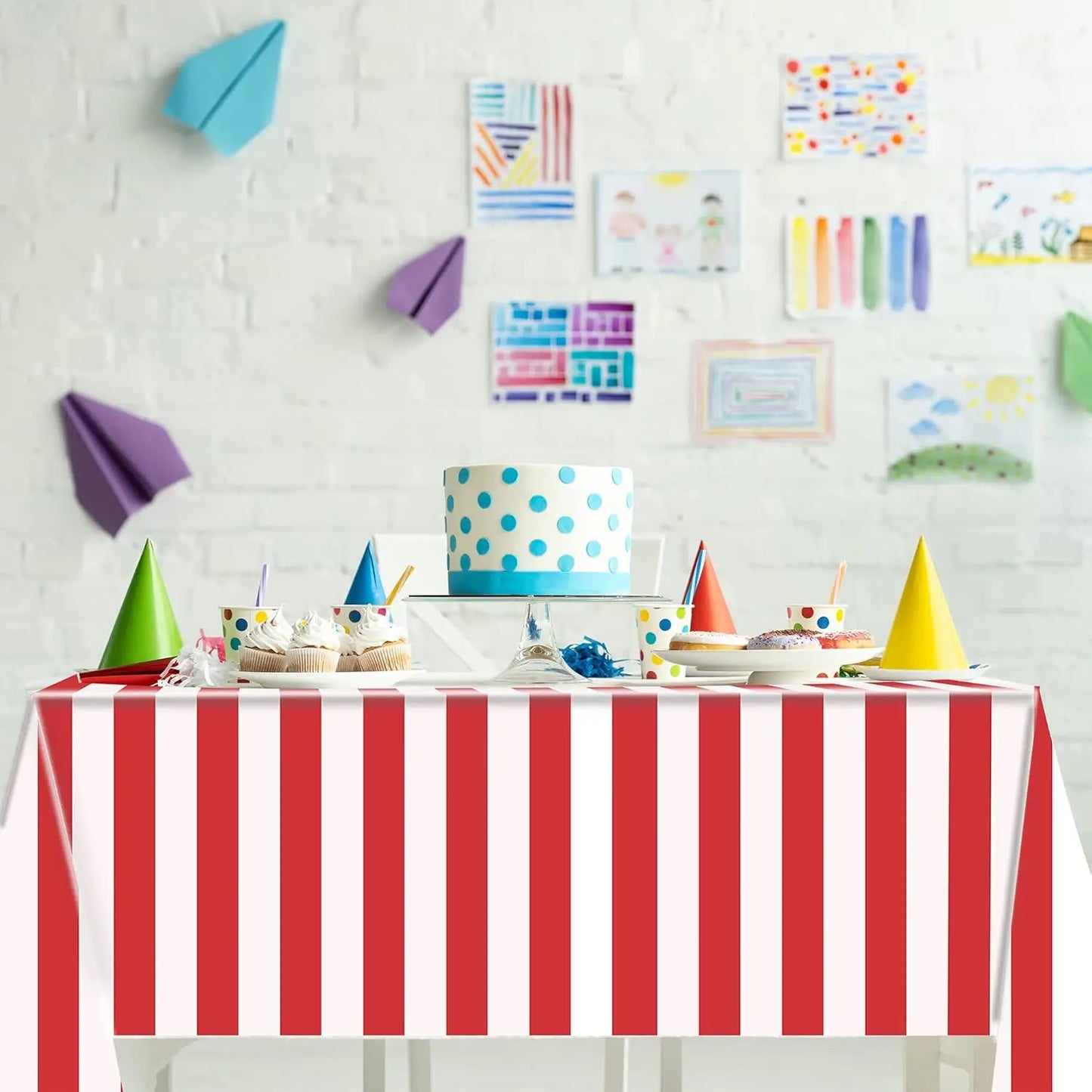 Waterproof Red and White Striped Tablecloth for Parties
