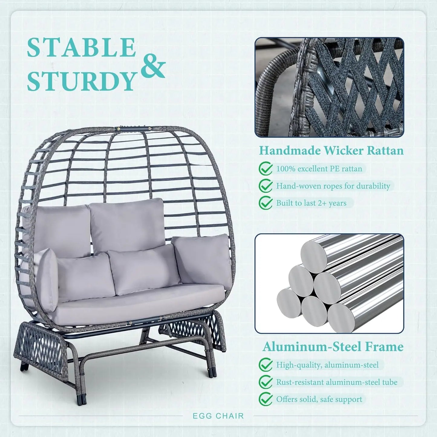 Outdoor Double Egg Chair Patio Chairs for Two People 500lbs Capacity Oversized Wicker Rocking Glider Chair with Steel Stand