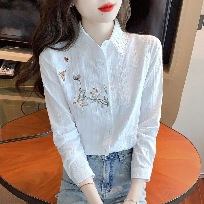 Guangdong Embroidered Womens Blouses Long Sleeve Collar