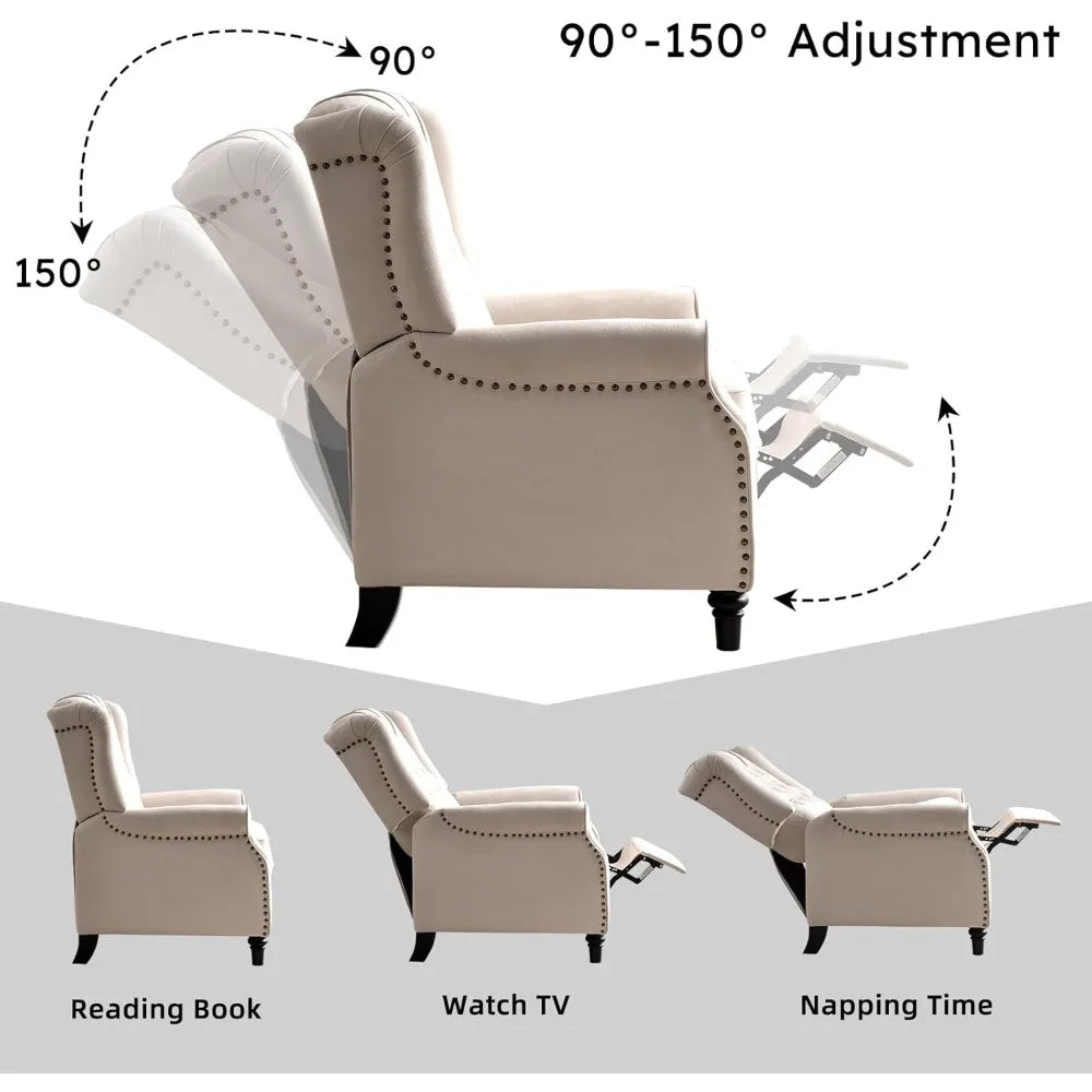 Push Back Recliner Chair Fabric Wingback Armchair Rivet