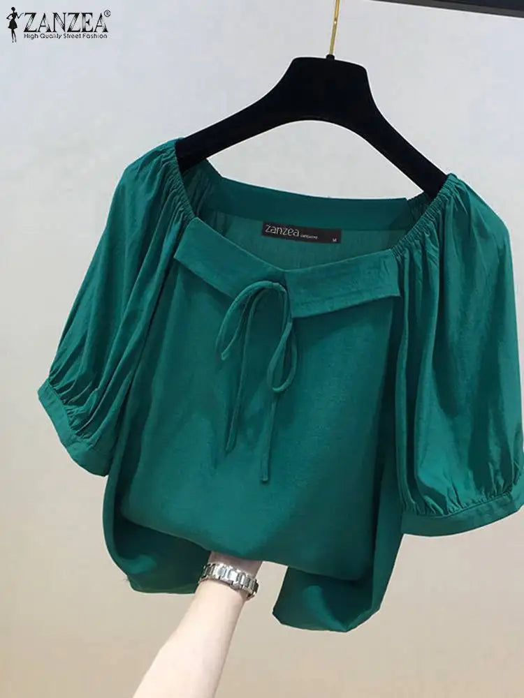 ZANZEA Korean Style Square Collar Lace-Up Blouse