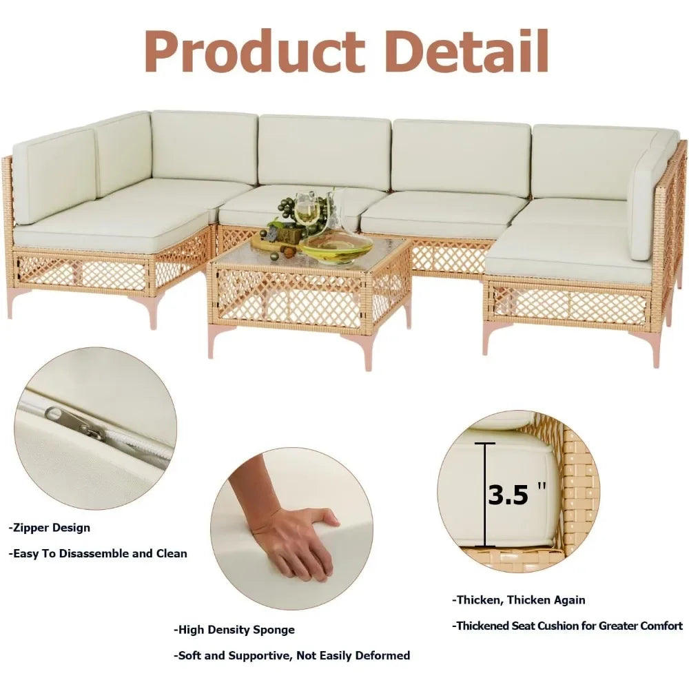 7 Piece Outdoor Patio Furniture Set Wicker Couch Set with Glass Table and Cushions