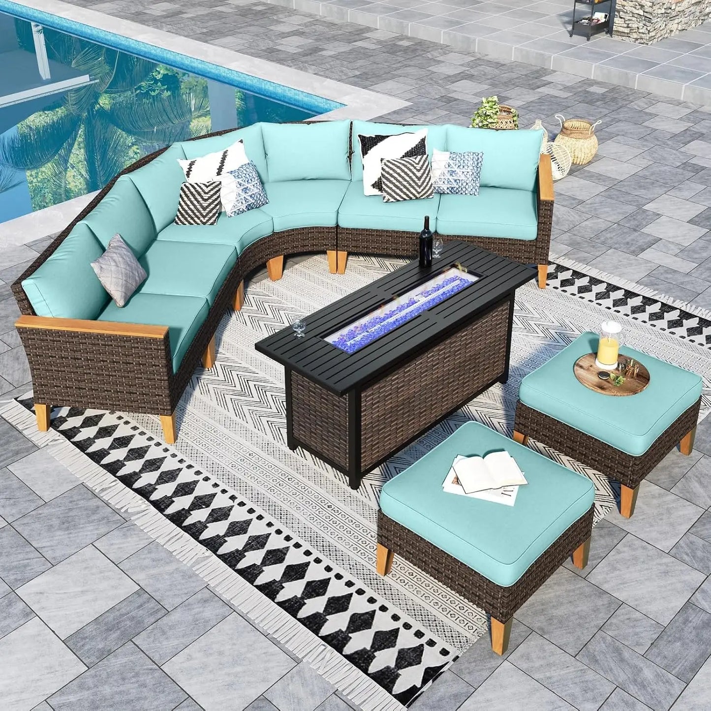 12 Piece Curved Outdoor Sectional Sofa Set Rattan Patio Conversation Set Beige