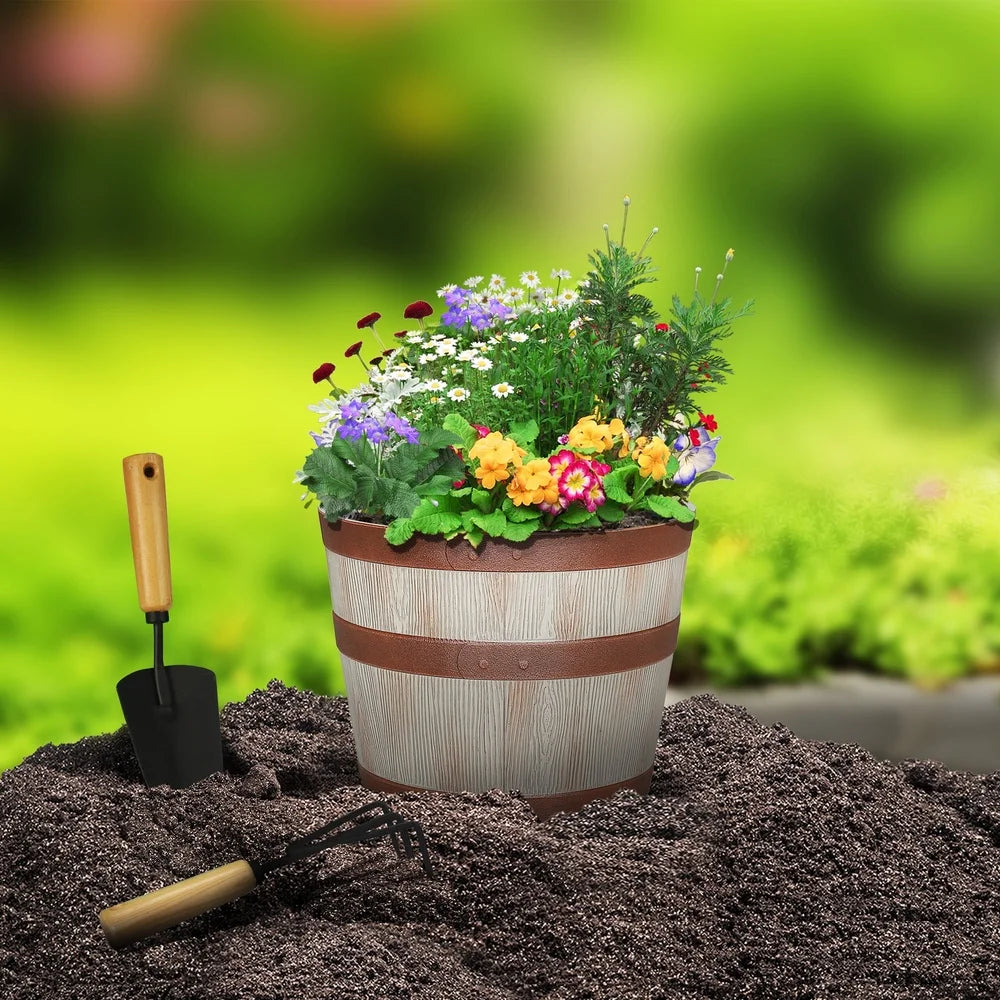 Whiskey Barrel Resin Planter for Indoor and Outdoor Use