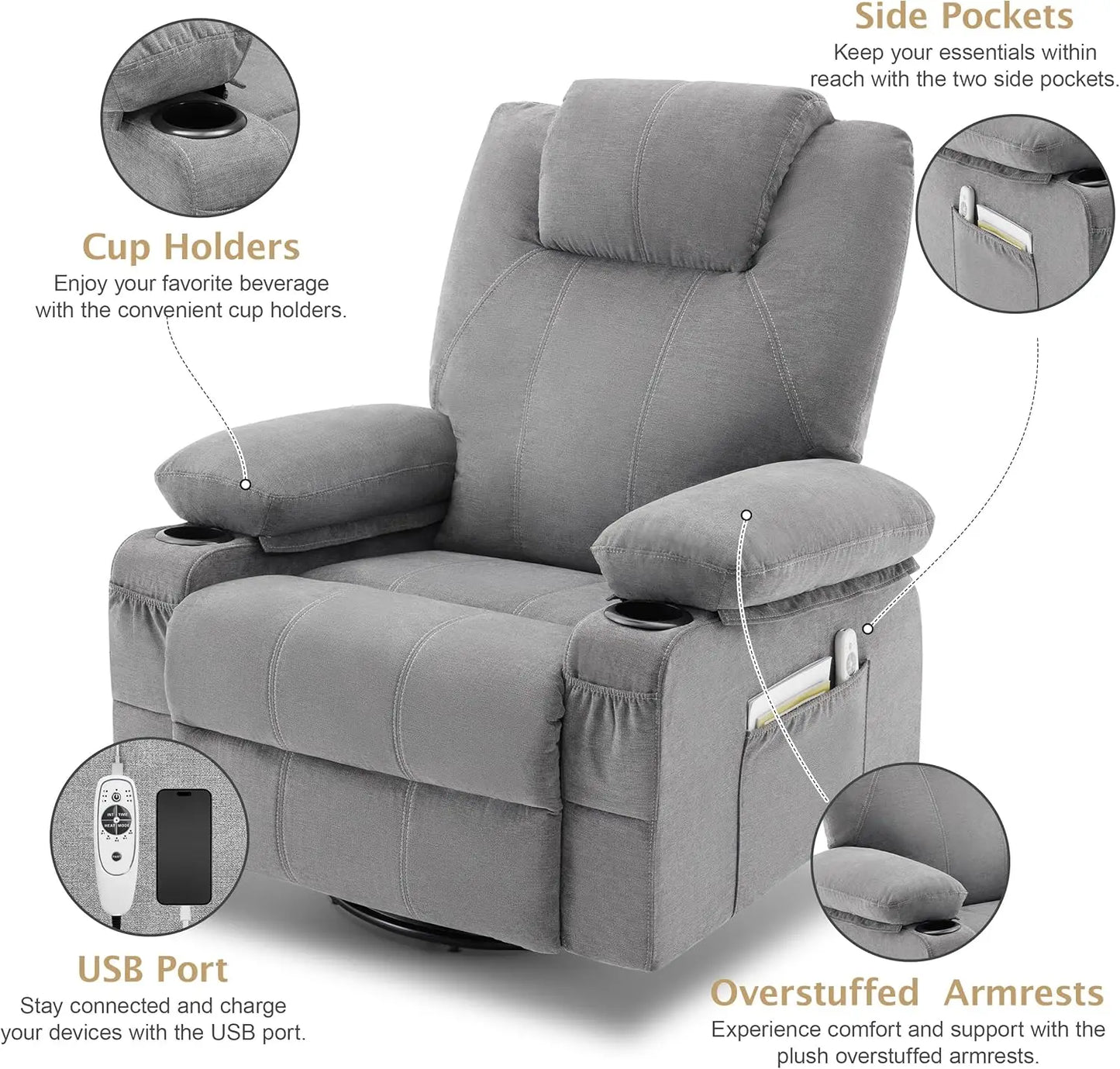 XMSJ Swivel Rocker Recliner Chair With Heat And Massage USB