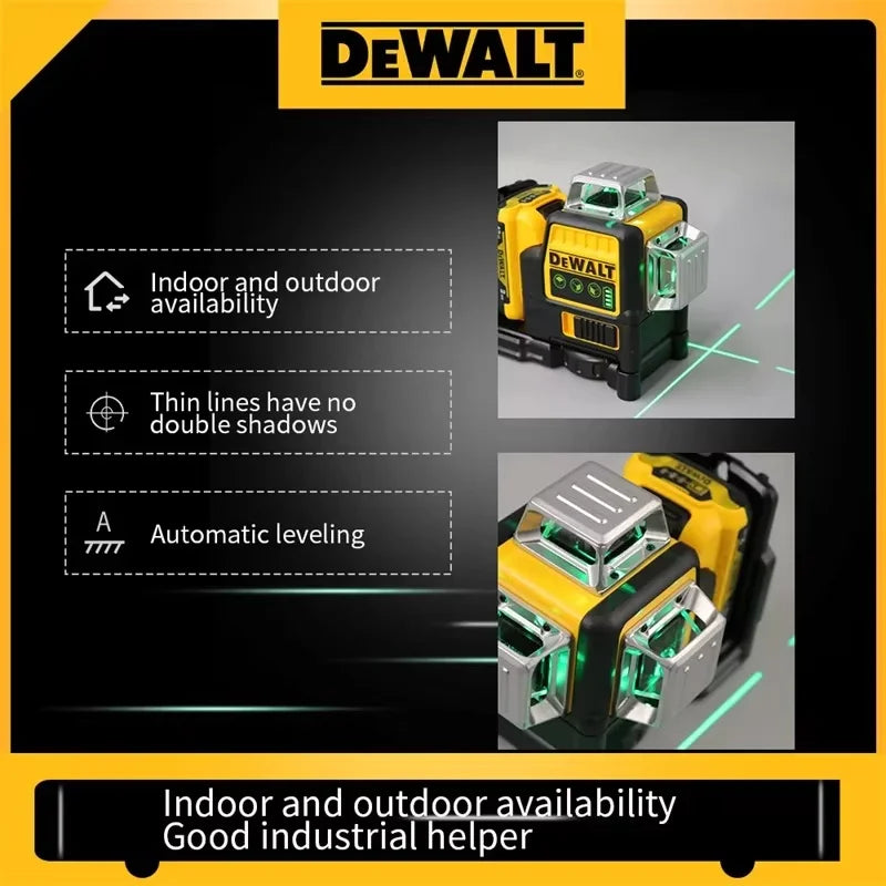 Dewalt DW089LG 3 Sides 360 Degree 12 Lines Laser Level Green Light Meter Outdoor Use 12V Battery