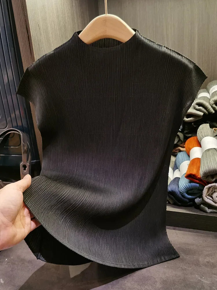 YUDXCN Women Pleated Top with Stand Up Collar