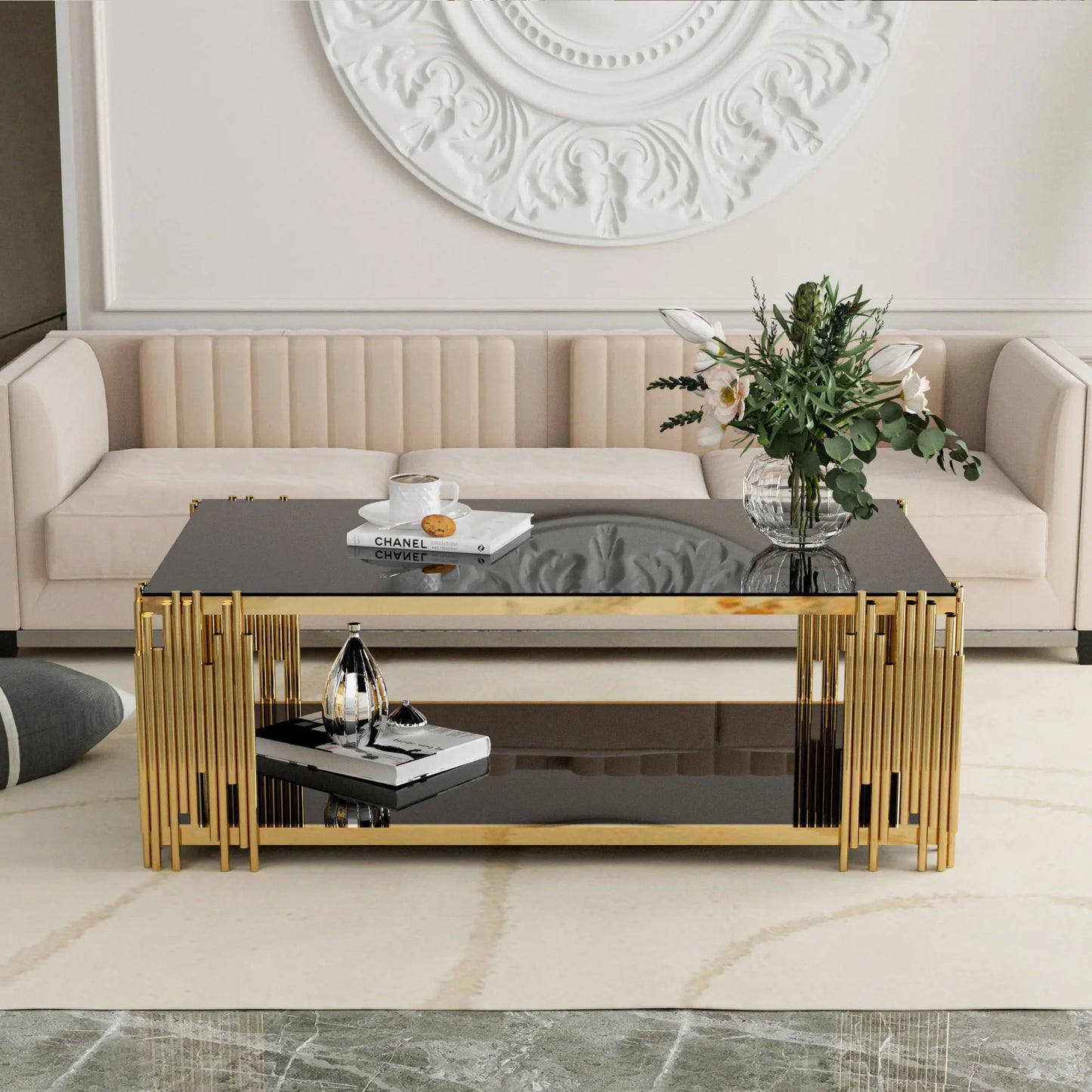 Stainless Steel Rectangle Coffee Table with Black Tempered Glass 51.18 Inch Modern Center Table Gold Legs for Living Room