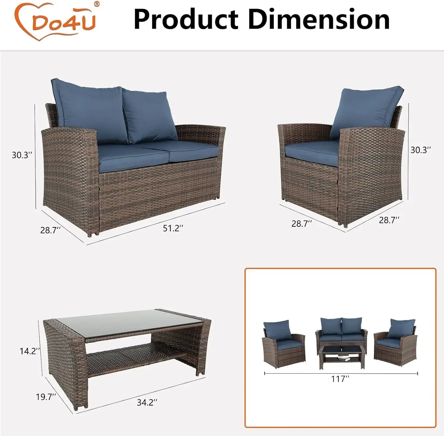 3 4 5 Pieces Patio Furniture Sets Outdoor Sectional Wicker Set Outdoor Conversation Set Patio Loveseats with Coffee Table