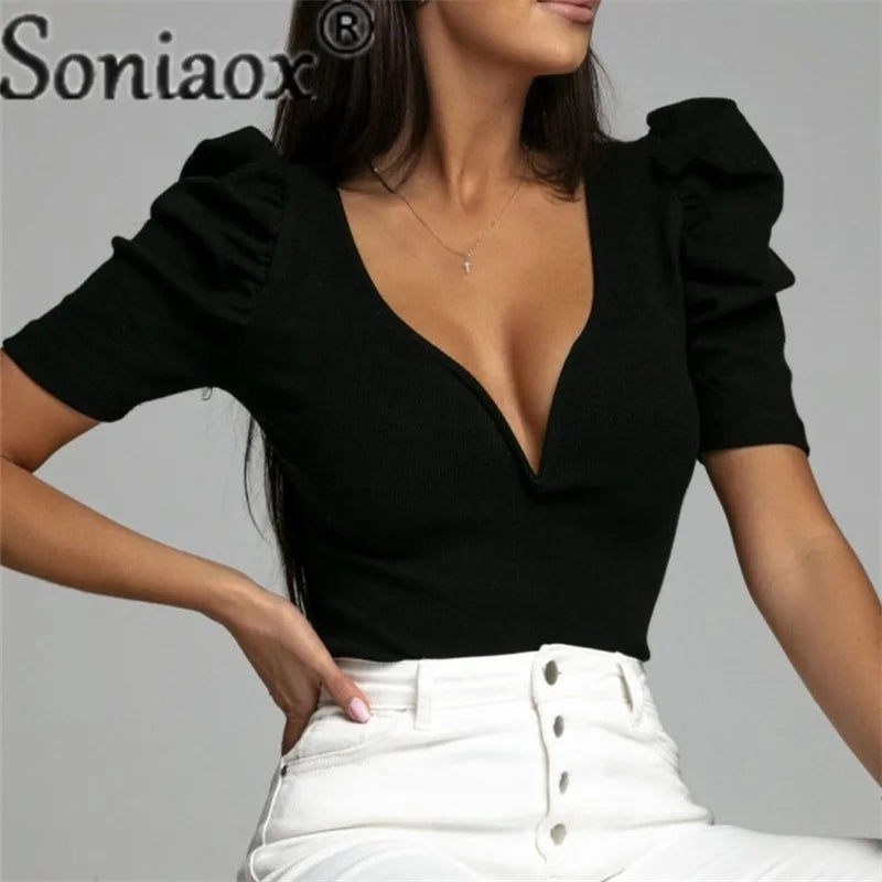 Soniaox Slim Fit V Neck Bubble Sleeve Blouse
