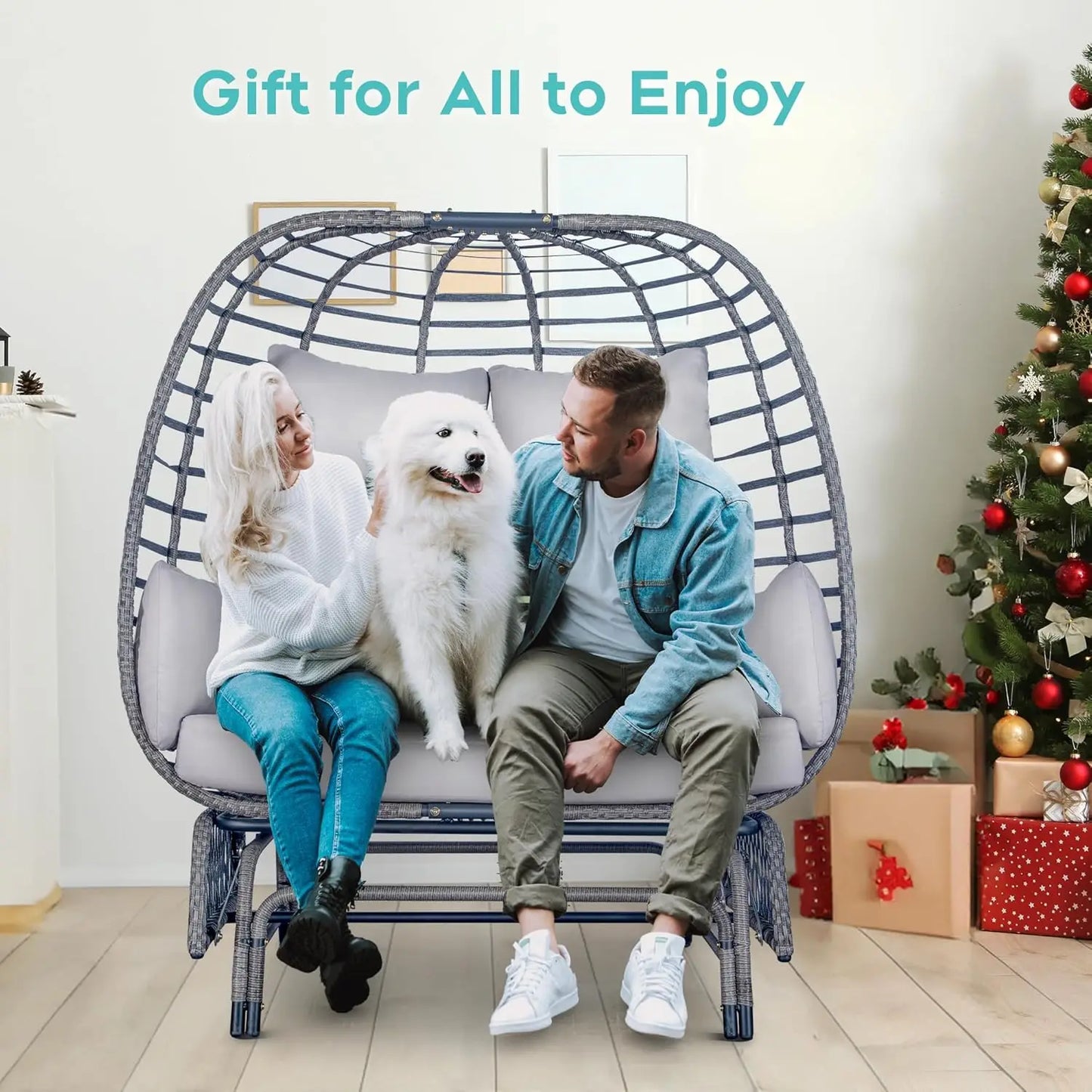 Outdoor Double Egg Chair Patio Chairs for Two People 500lbs Capacity Oversized Wicker Rocking Glider Chair with Steel Stand