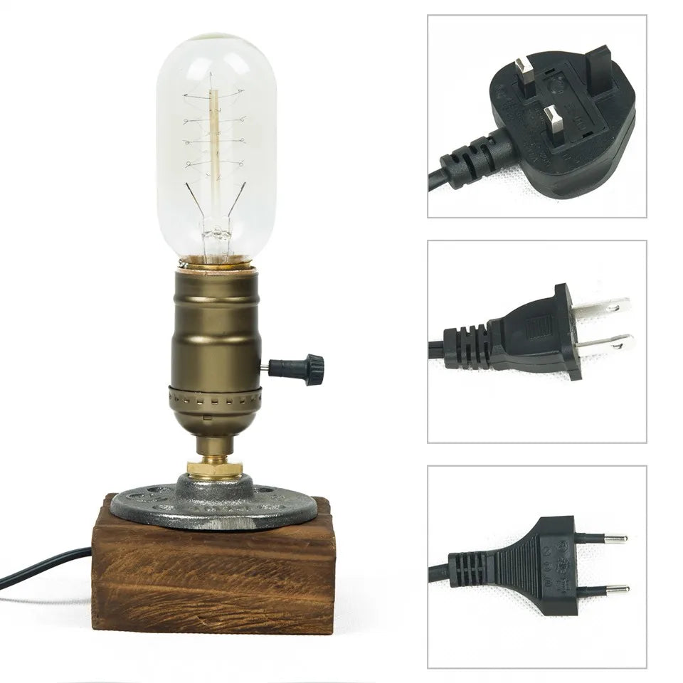 Industrial LED Table Lamp Retro Wood Night Light Decor